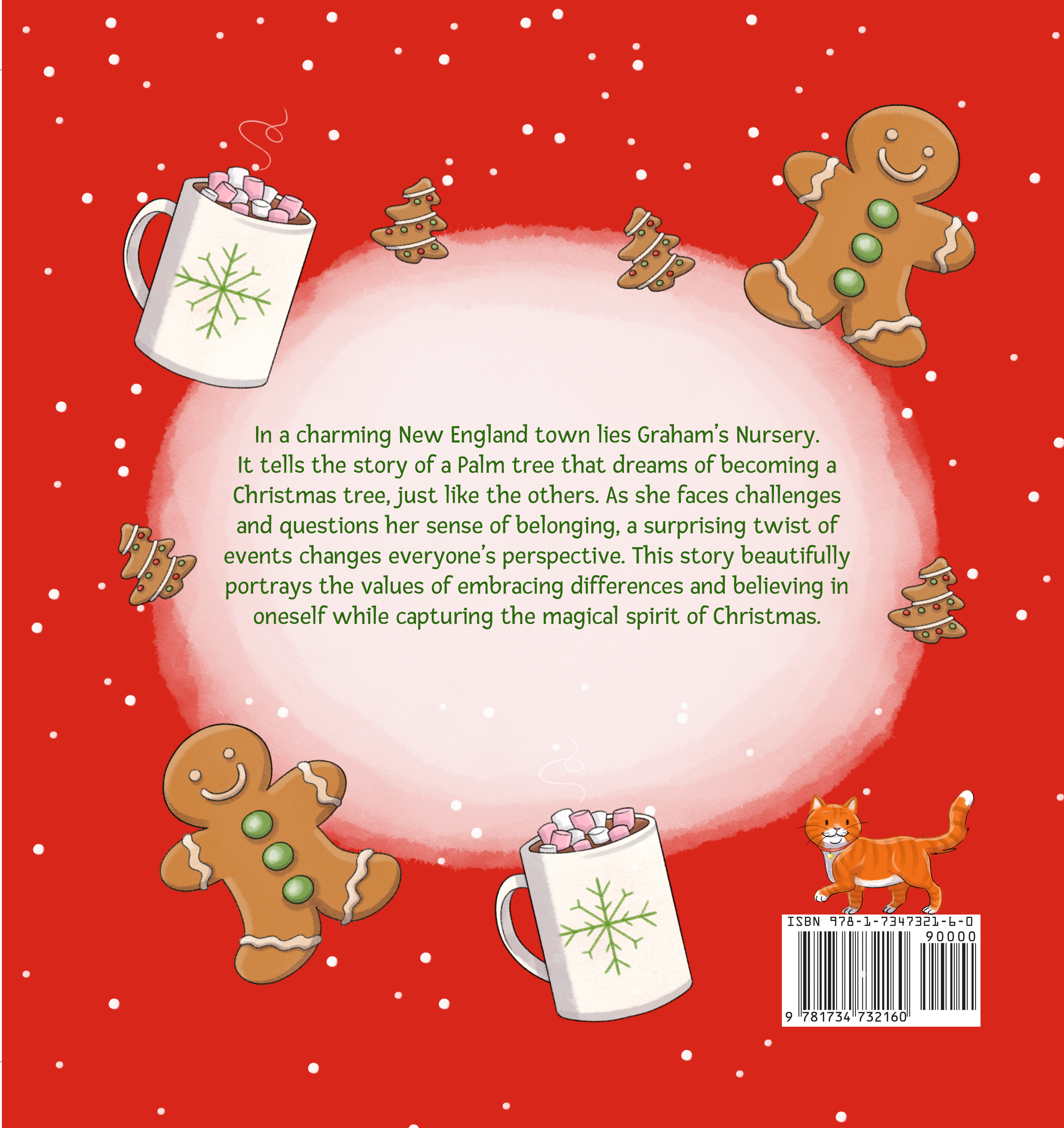 Back cover of A Palm Tree’s Christmas Wish by Pina Bird featuring gingerbread cookies, mugs of hot chocolate, and a heartwarming story summary about belonging, kindness, and the Christmas spirit.