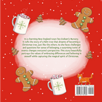 Back cover of A Palm Tree’s Christmas Wish by Pina Bird featuring gingerbread cookies, mugs of hot chocolate, and a heartwarming story summary about belonging, kindness, and the Christmas spirit.