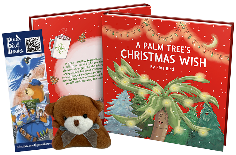 A Palm Tree’s Christmas Wish children’s book by Pina Bird with matching plush toy and bookmark, a heartwarming Christmas story gift set celebrating kindness and belonging.