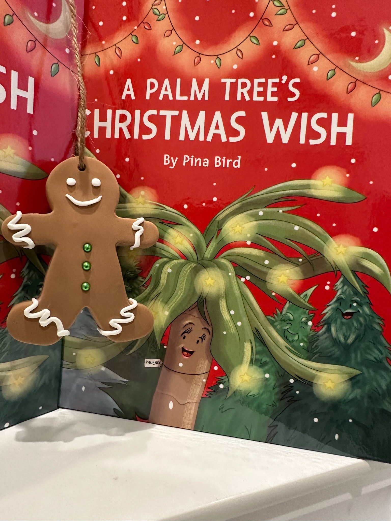 Close-up of A Palm Tree’s Christmas Wish children’s book by Pina Bird with a smiling gingerbread man ornament, festive red holiday background, and illustrated palm tree character.
