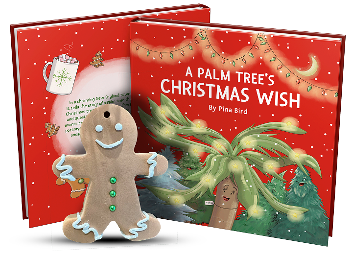 A Palm Tree’s Christmas Wish children’s book by Pina Bird featuring a smiling gingerbread man ornament and festive holiday design, perfect for kids’ Christmas reading and gifts.