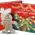 A Palm Tree’s Christmas Wish children’s book by Pina Bird featuring a smiling gingerbread man ornament and festive holiday design, perfect for kids’ Christmas reading and gifts.