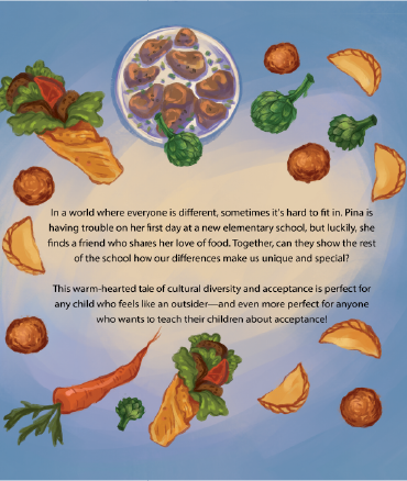 Back cover of Chicken Livers and Artichokes by Pina Bird, featuring colorful illustrations of global foods like artichokes, carrots, and pastries, and a story summary about friendship, cultural diversity, and acceptance.