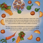 Back cover of Chicken Livers and Artichokes by Pina Bird, featuring colorful illustrations of global foods like artichokes, carrots, and pastries, and a story summary about friendship, cultural diversity, and acceptance.