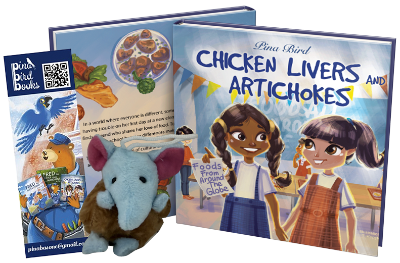 Chicken Livers and Artichokes children’s book by Pina Bird featuring two smiling girls exploring foods from around the globe, shown with a plush toy and Pina Bird Books bookmark.
