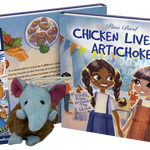 Chicken Livers and Artichokes children’s book by Pina Bird featuring two smiling girls exploring foods from around the globe, shown with a plush toy and Pina Bird Books bookmark.