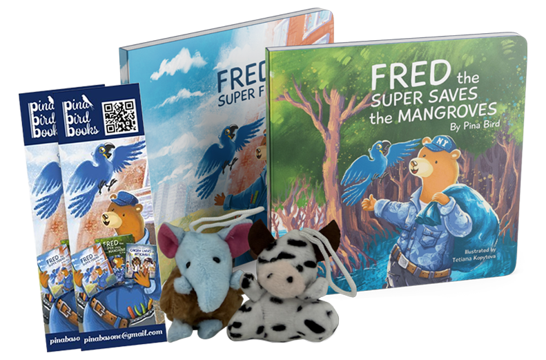 Fred the Super children’s book set by Pina Bird, featuring illustrated storybooks and plush toy characters of Fred the bear and friends, ideal for early readers and eco-themed storytelling.