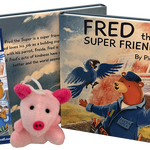 Fred the Super Friend children’s book by Pina Bird featuring Fred the bear and his parrot friend Freida, shown with a plush pig toy and Pina Bird Books bookmark promoting kindness and friendship.