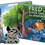 Fred the Super Saves the Mangroves children’s book by Pina Bird featuring Fred the bear and a blue parrot in an Australian forest, shown with a plush toy and Pina Bird Books bookmark promoting environmental awareness.