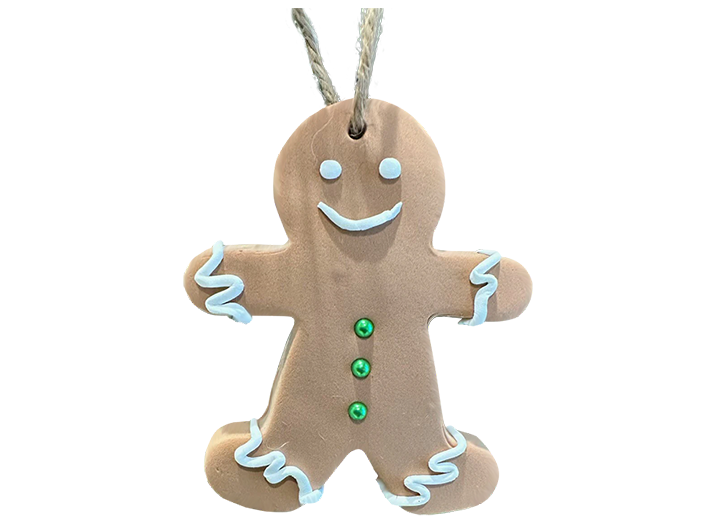 Smiling gingerbread man Christmas ornament with white icing and green buttons, part of Pina Bird’s festive holiday collection inspired by A Palm Tree’s Christmas Wish.