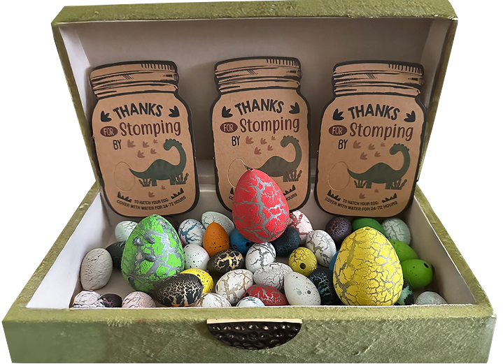 Colorful hatchable dinosaur eggs displayed in a green gift box with “Thanks for Stomping By” cards, perfect for kids’ party favors or dinosaur-themed gifts.