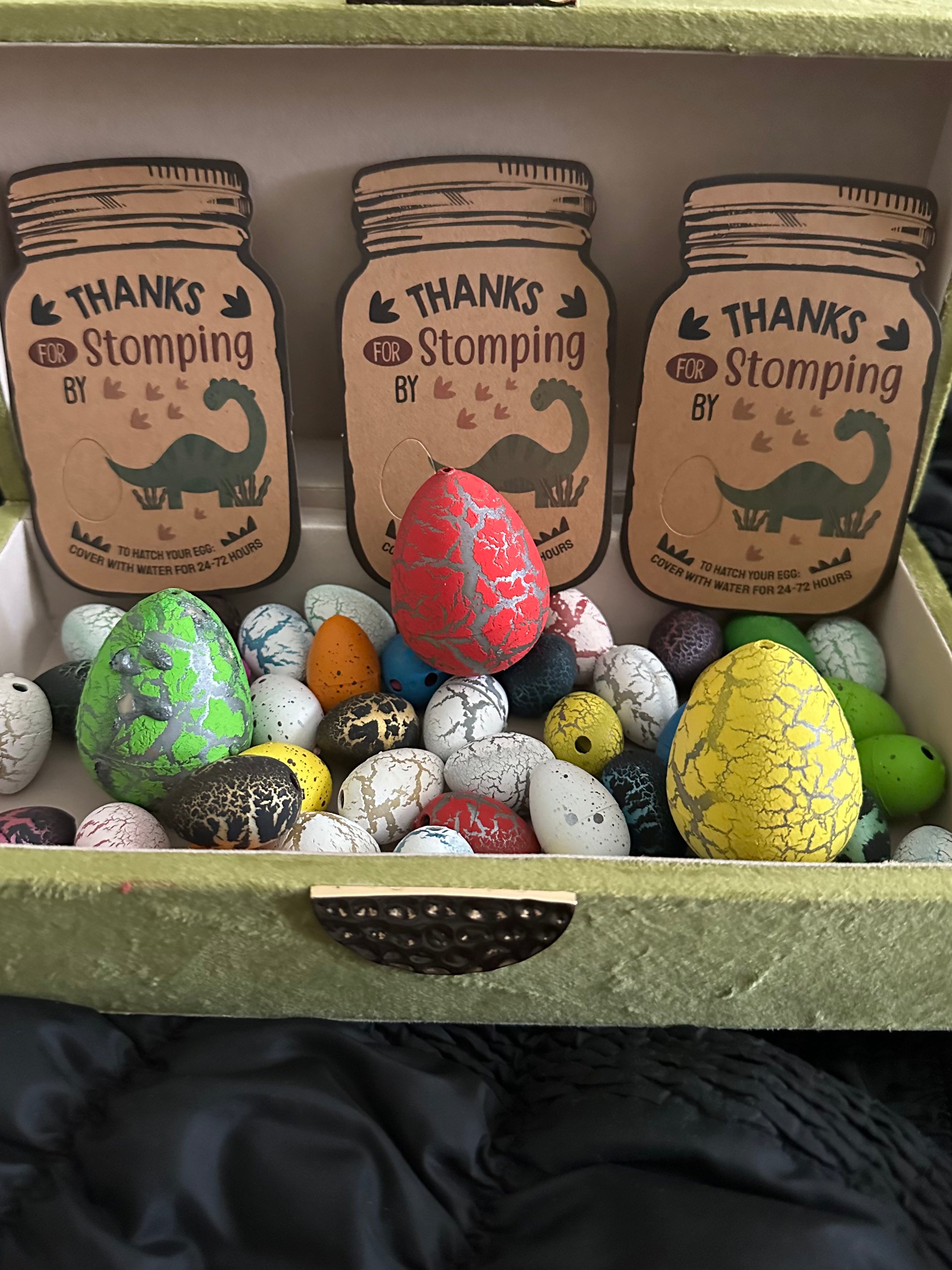 A collection of colorful crackle dinosaur eggs displayed with a “Thanks for Stomping By” tag, perfect for kids’ dinosaur-themed birthday favors or classroom gifts.